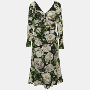 Dolce & Gabbana Black Floral Printed Stretch Crepe Midi Dress L